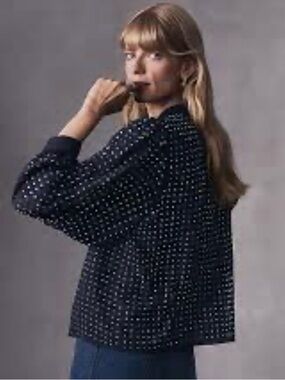 ANN TAYLOR Navy Embellished Mock Neck Blouse